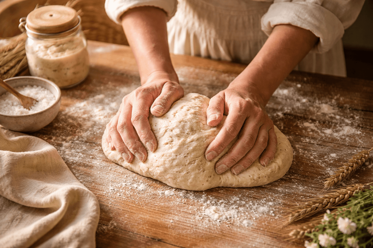 Baker kneading fresh dough on a flour-dusted wooden table