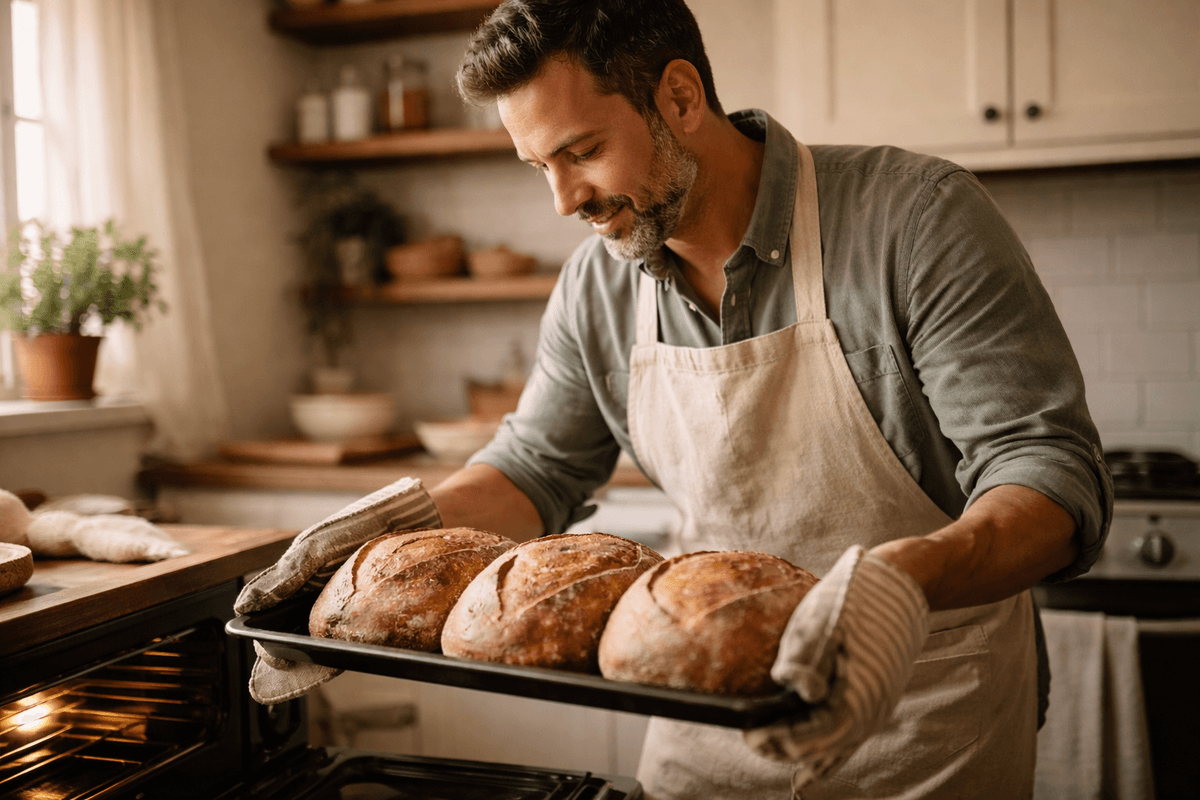 Baker pulling fresh bread from a home oven